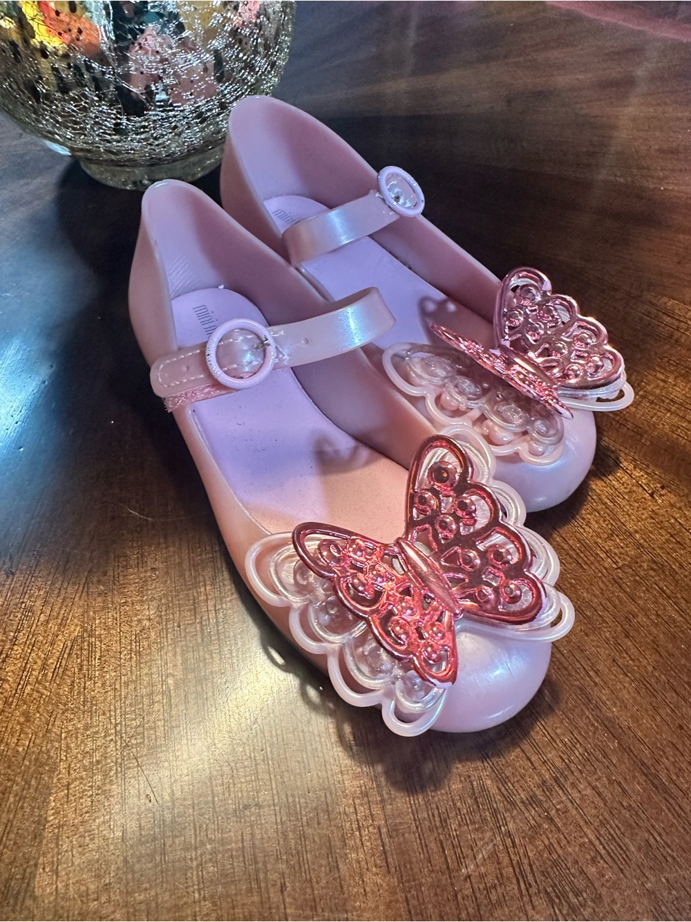 Mini Melissa Light Pink Mary Jane Shoes with Pink Butterfly Accents